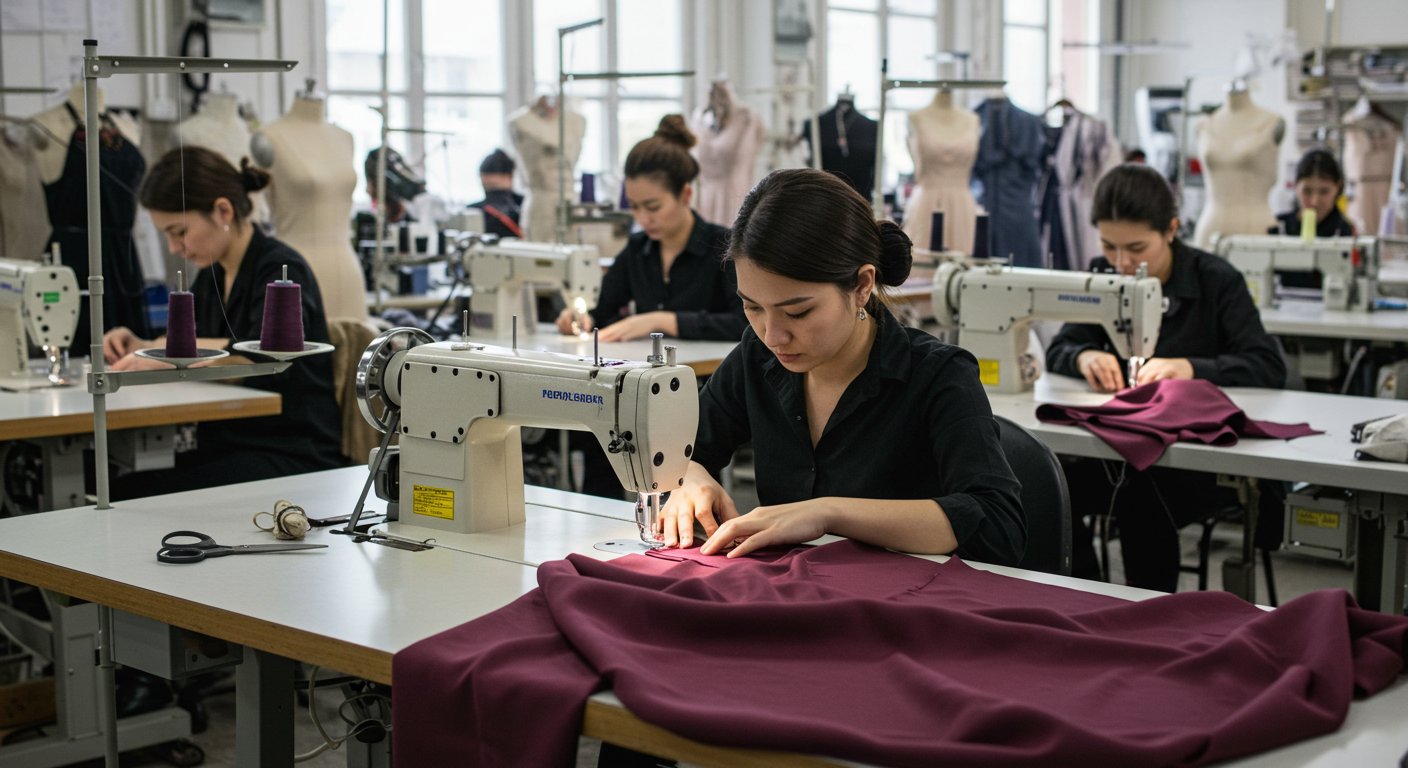 Процесс пошива вечерней одежды на фабрике