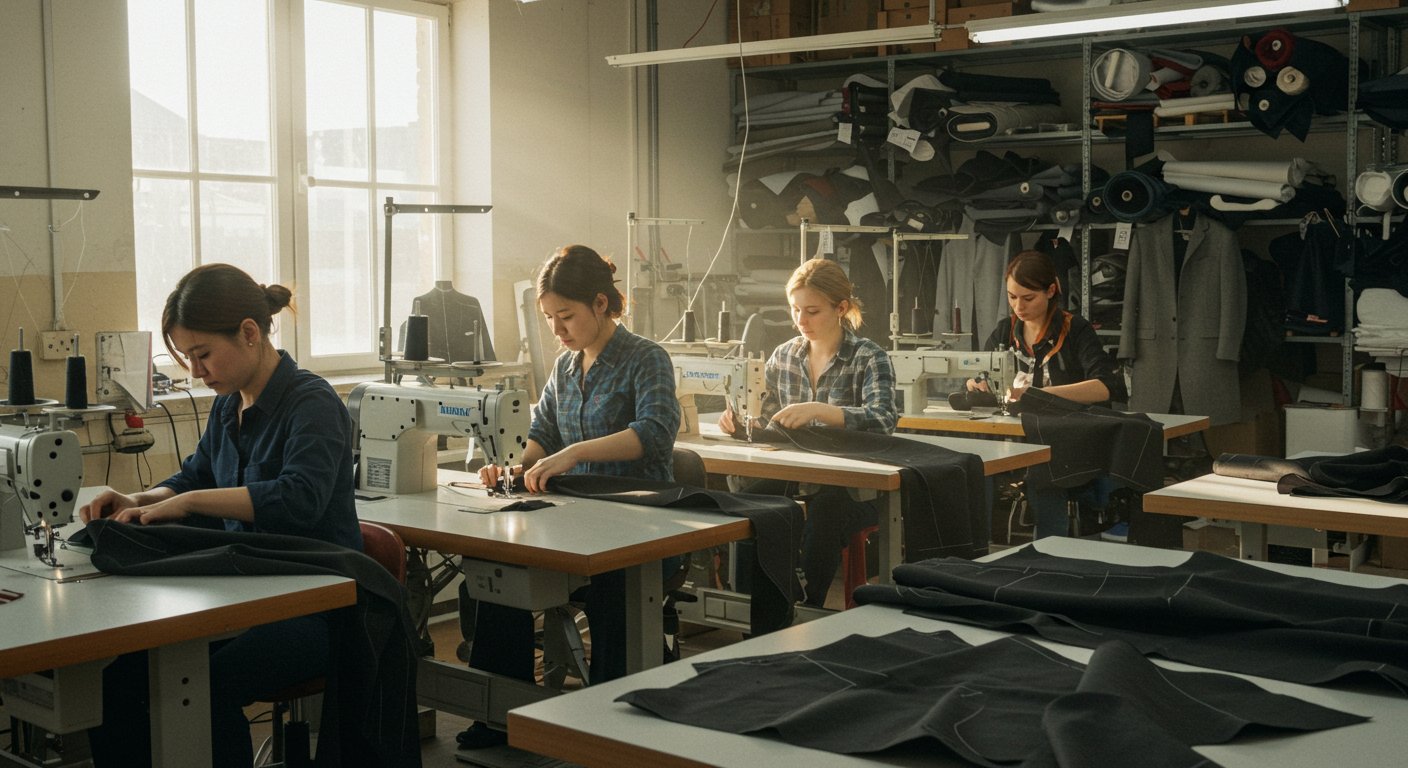 Процесс пошива верхней одежды на фабрике