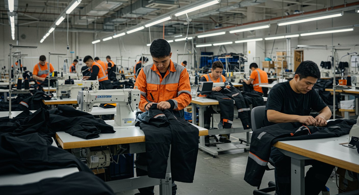 Процесс пошива строительной спецодежды на фабрике