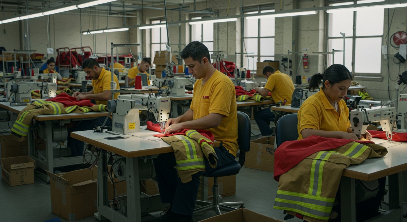 Процесс пошива пожарной спецодежды Пошив пожарной спецодежды на фабрике