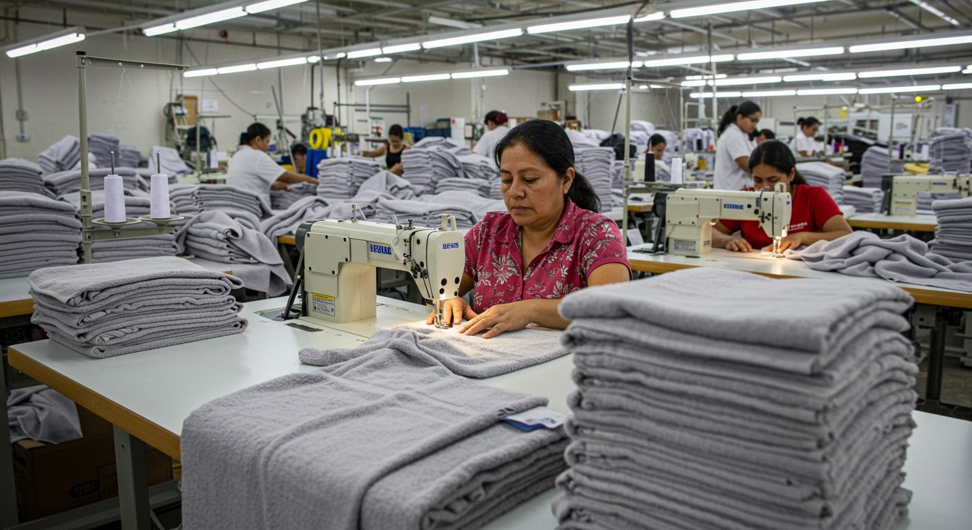 Процесс пошива полотенец Пошив полотенец на фабрике