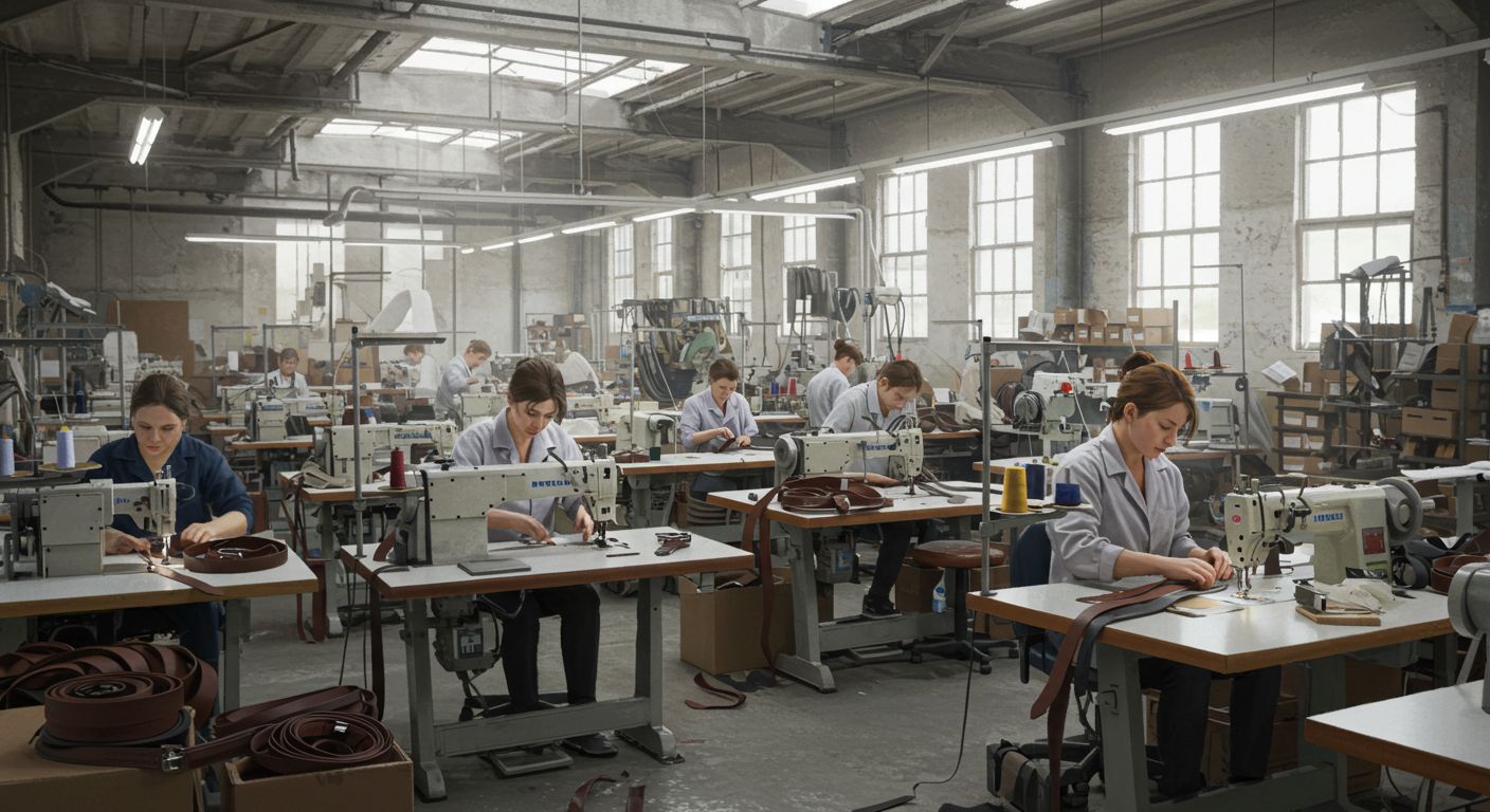 Процесс пошива ремней на фабрике