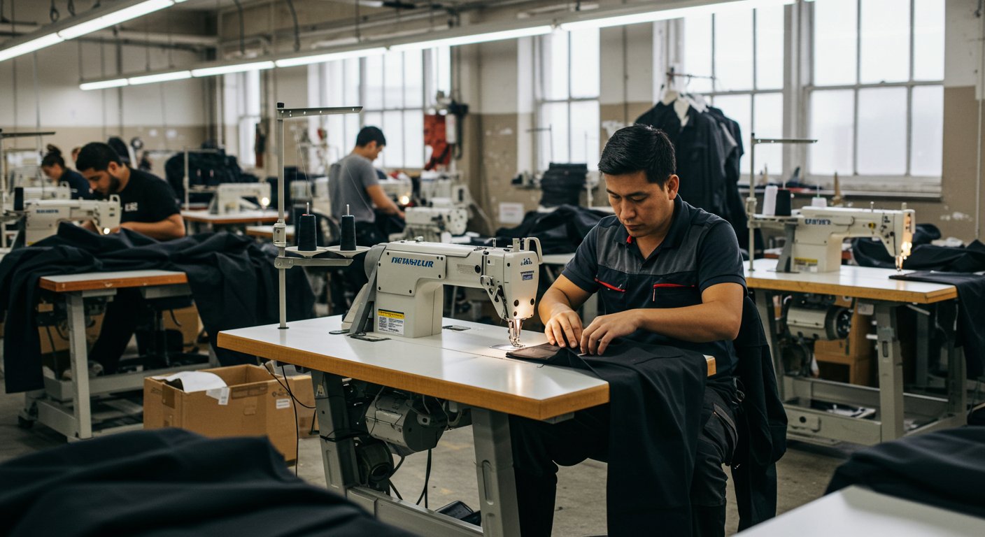 Процесс пошива рабочей одежды на фабрике